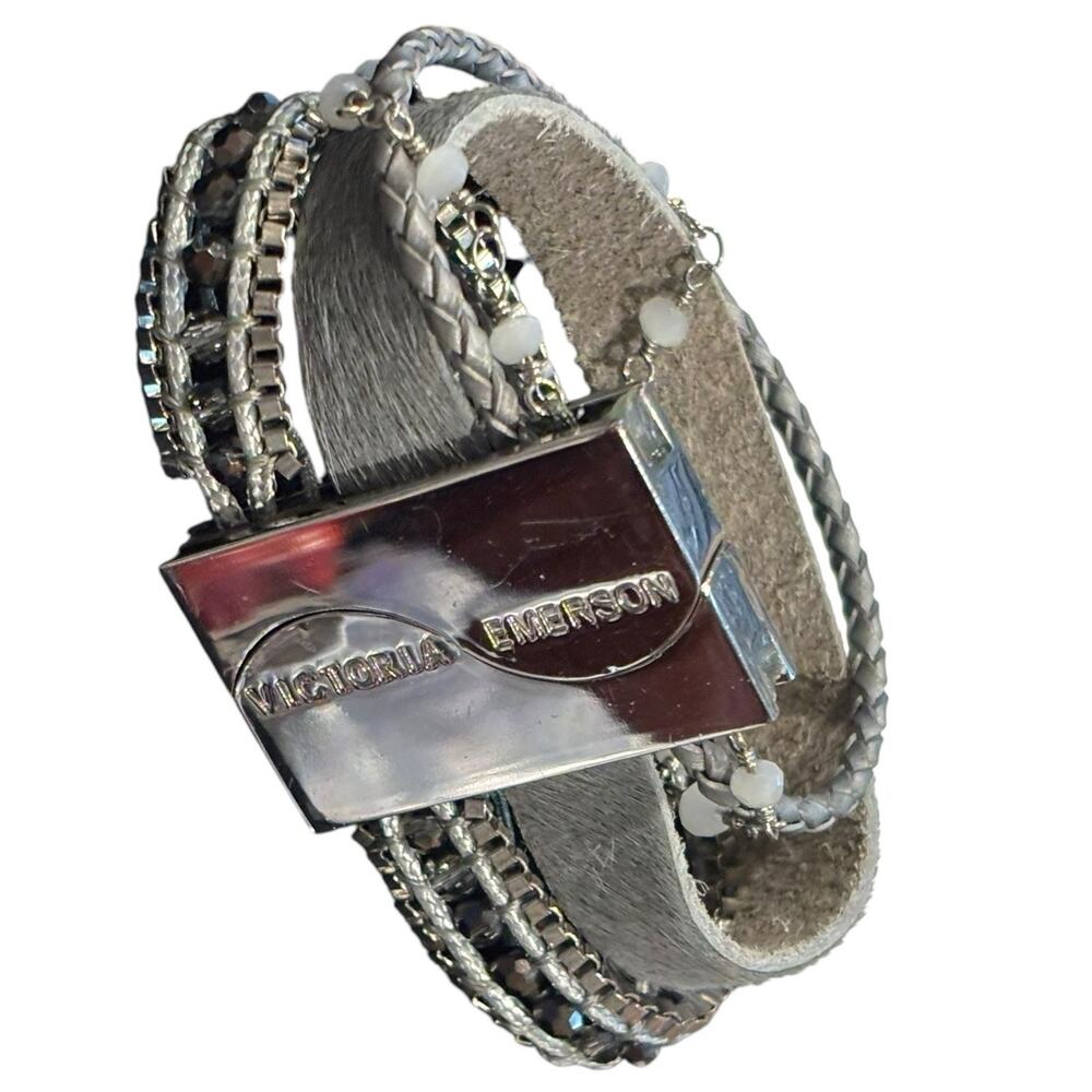 Victoria Emerson Multi Strand Gray White Silver Bead Wrap Bracelet Magnetic 7.5"